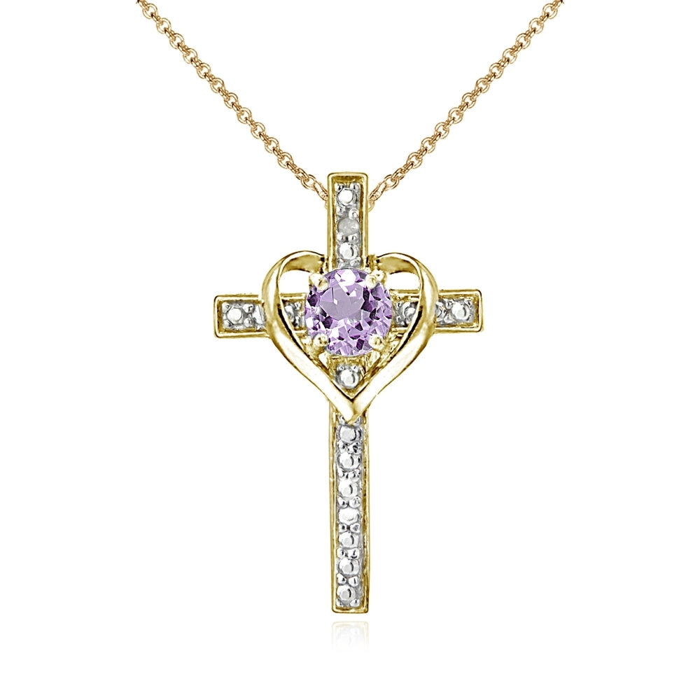 Yellow Gold Flashed Sterling Silver Amethyst Cross Heart Pendant Necklace for Girls, Teens or Women