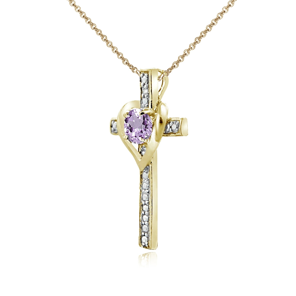 Yellow Gold Flashed Sterling Silver Amethyst Cross Heart Pendant Necklace for Girls, Teens or Women-2