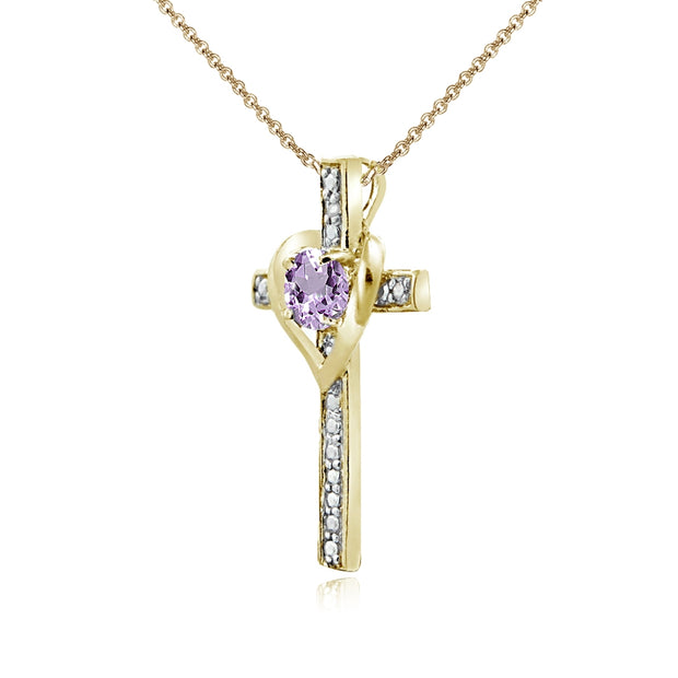 Yellow Gold Flashed Sterling Silver Amethyst Cross Heart Pendant Necklace for Girls, Teens or Women