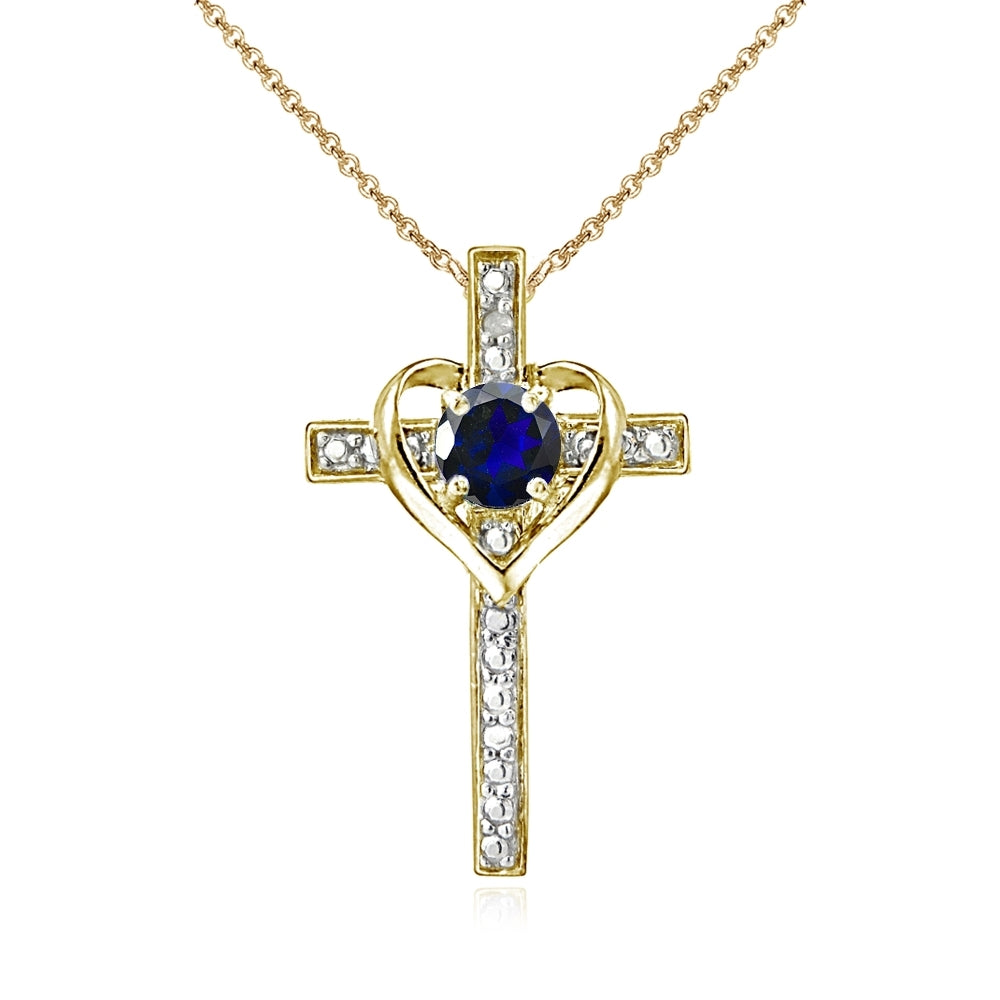 Yellow Gold Flashed Sterling Silver Created Blue Sapphire Cross Heart Pendant Necklace for Girls, Teens or Women