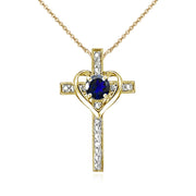 Yellow Gold Flashed Sterling Silver Created Blue Sapphire Cross Heart Pendant Necklace for Girls, Teens or Women