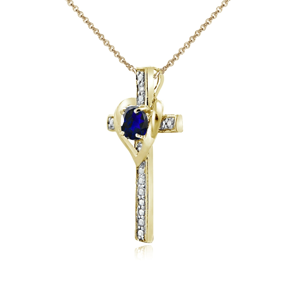 Yellow Gold Flashed Sterling Silver Created Blue Sapphire Cross Heart Pendant Necklace for Girls, Teens or Women-2