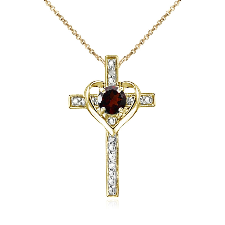 Yellow Gold Flashed Sterling Silver Garnet Cross Heart Pendant Necklace for Girls, Teens or Women