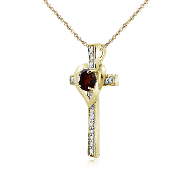 Yellow Gold Flashed Sterling Silver Garnet Cross Heart Pendant Necklace for Girls, Teens or Women