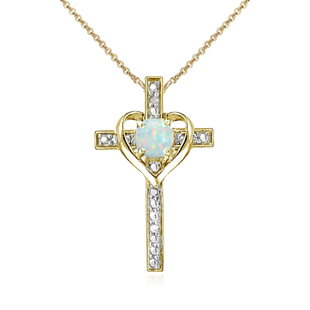 Yellow Gold Flashed Sterling Silver Created White Opal Cross Heart Pendant Necklace for Girls, Teens or Women