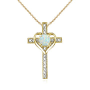 Yellow Gold Flashed Sterling Silver Created White Opal Cross Heart Pendant Necklace for Girls, Teens or Women