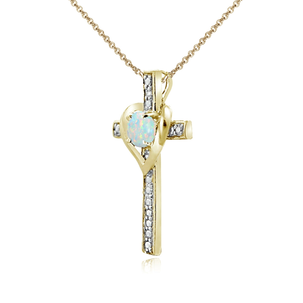 Yellow Gold Flashed Sterling Silver Created White Opal Cross Heart Pendant Necklace for Girls, Teens or Women-2