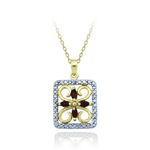 18k Gold over Sterling Silver Garnet & Diamond Accent Filigree Flower Design Necklace
