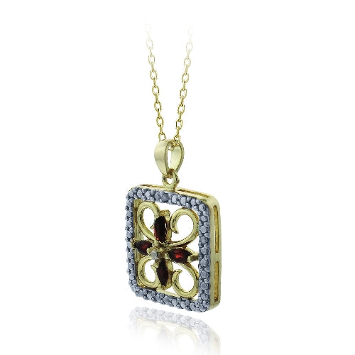 18k Gold over Sterling Silver Garnet & Diamond Accent Filigree Flower Design Necklace-2