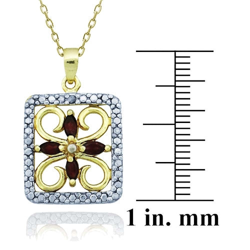 18k Gold over Sterling Silver Garnet & Diamond Accent Filigree Flower Design Necklace-3