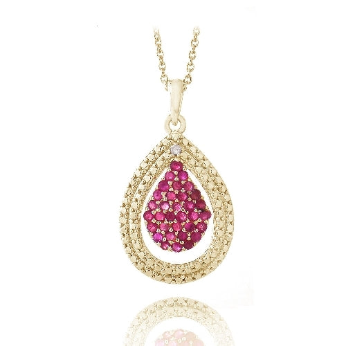 Gold Plated Two-Tone Created Ruby & Diamond Accent Teardrop Pendant Necklace