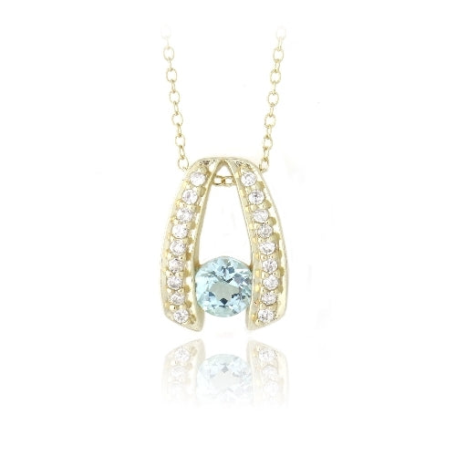 18K Gold over Sterling Silver 1ct Blue Topaz & CZ Wishbone Necklace