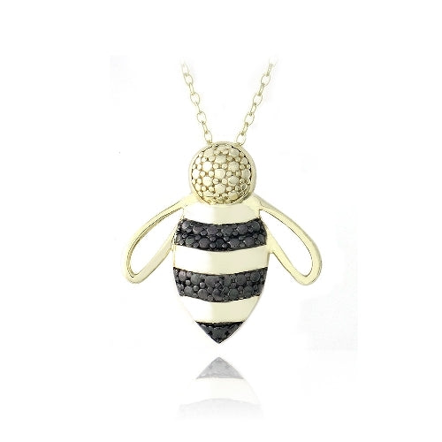 18K Gold over Sterling Silver Black Diamond Accent Bumble Bee Necklace