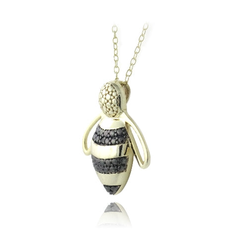 18K Gold over Sterling Silver Black Diamond Accent Bumble Bee Necklace-2