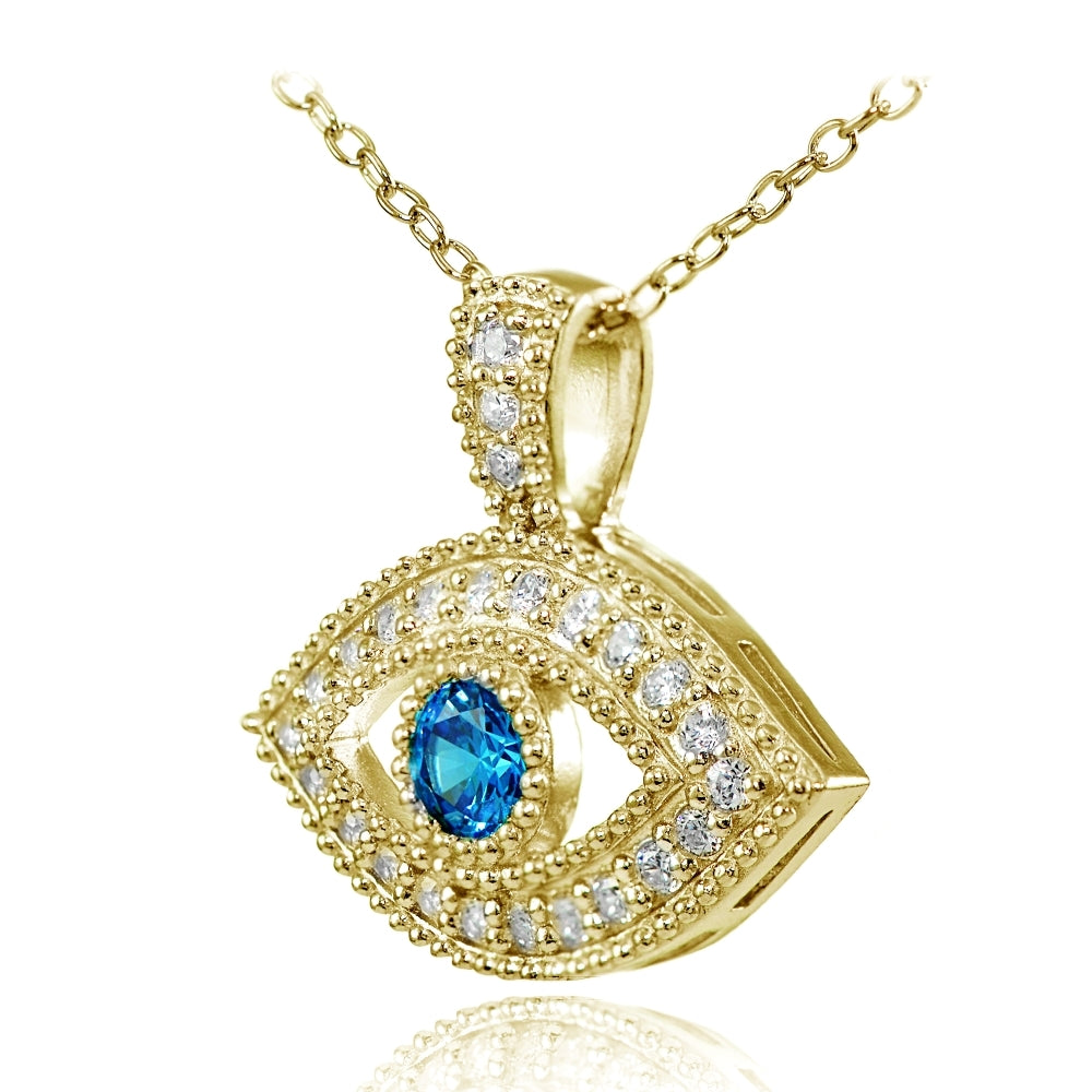 Yellow Gold Flashed Sterling Silver London Blue Cubic Zirconia Evil Eye Necklace-2