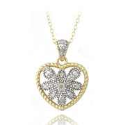 18K Gold over Sterling Silver Two Tone 1/10ct Diamond Filigree Heart Necklace