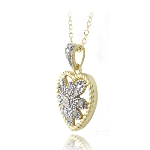 18K Gold over Sterling Silver Two Tone 1/10ct Diamond Filigree Heart Necklace-2
