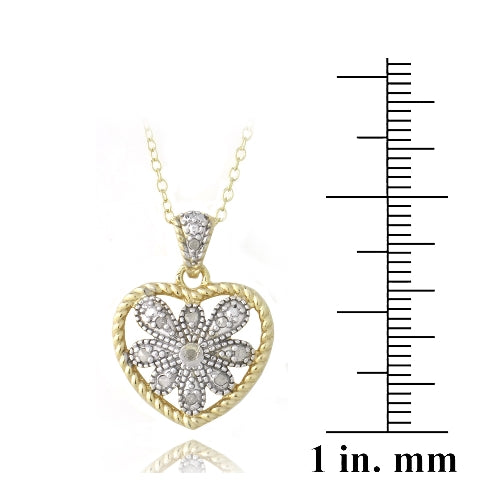 18K Gold over Sterling Silver Two Tone 1/10ct Diamond Filigree Heart Necklace