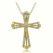 Gold Tone over Sterling Silver Cubic Zirconia Cross Ribbon Necklace