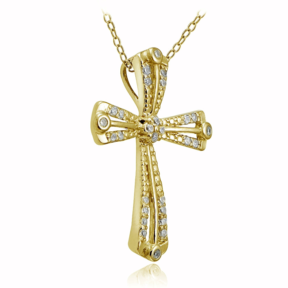 Gold Tone over Sterling Silver Cubic Zirconia Cross Ribbon Necklace-2