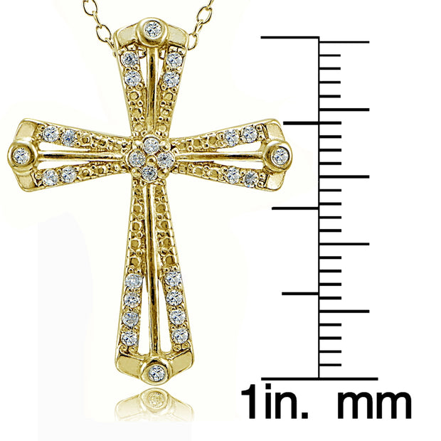 Gold Tone over Sterling Silver Cubic Zirconia Cross Ribbon Necklace