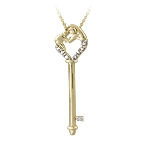 18K Gold over Sterling Silver Diamond Accent Mother & Baby Heart Key Necklace