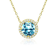 Yellow Gold Flashed Sterling Silver Created Aquamarine and Cubic Zirconia Round Halo Necklace