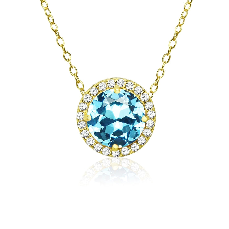 Yellow Gold Flashed Sterling Silver Created Aquamarine and Cubic Zirconia Round Halo Necklace