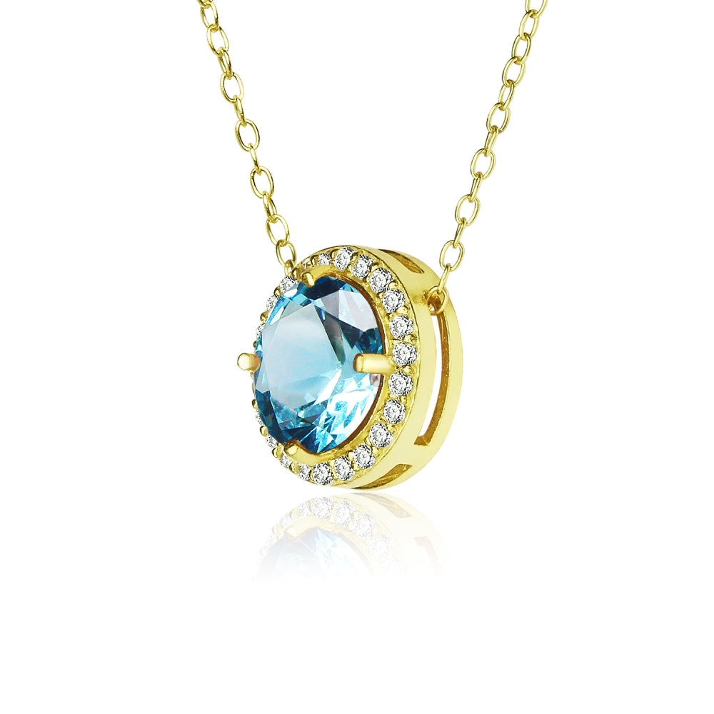 Yellow Gold Flashed Sterling Silver Created Aquamarine and Cubic Zirconia Round Halo Necklace-2