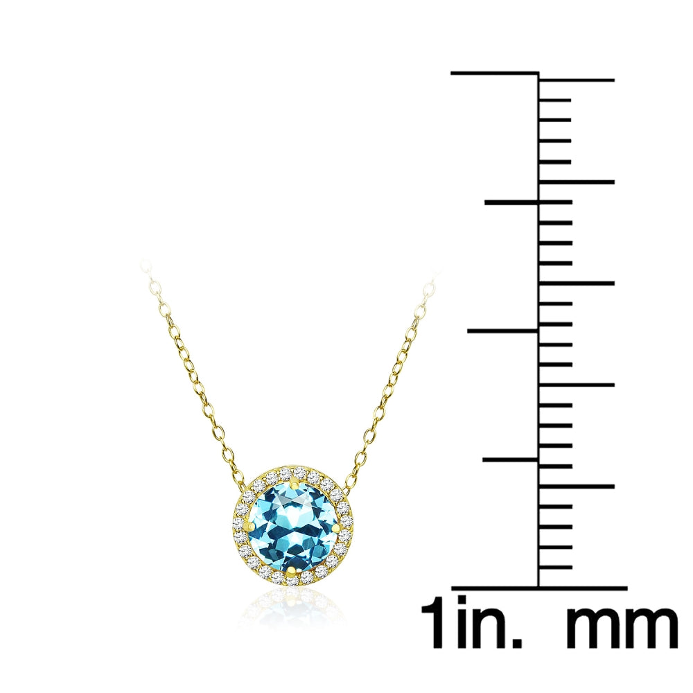 Yellow Gold Flashed Sterling Silver Created Aquamarine and Cubic Zirconia Round Halo Necklace-4