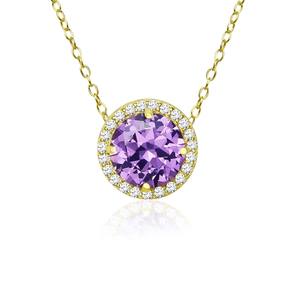 Yellow Gold Flashed Sterling Silver Created Amethyst and Cubic Zirconia Round Halo Necklace
