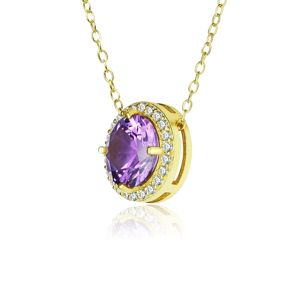 Yellow Gold Flashed Sterling Silver Created Amethyst and Cubic Zirconia Round Halo Necklace-2