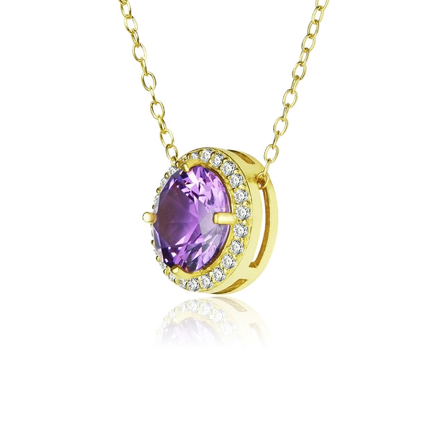 Yellow Gold Flashed Sterling Silver Created Amethyst and Cubic Zirconia Round Halo Necklace