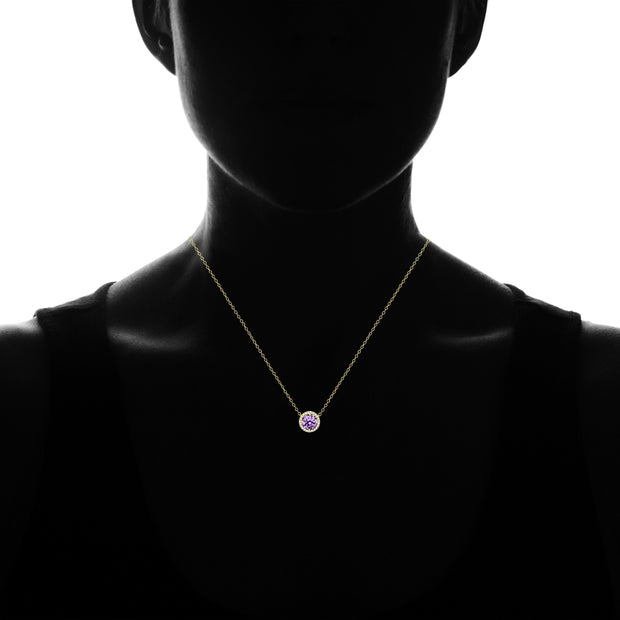 Yellow Gold Flashed Sterling Silver Created Amethyst and Cubic Zirconia Round Halo Necklace