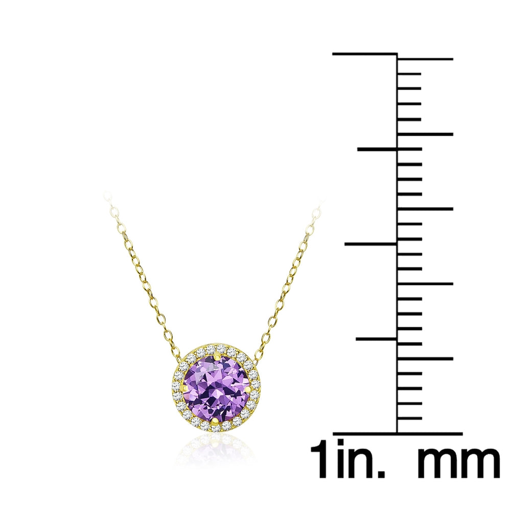 Yellow Gold Flashed Sterling Silver Created Amethyst and Cubic Zirconia Round Halo Necklace-4