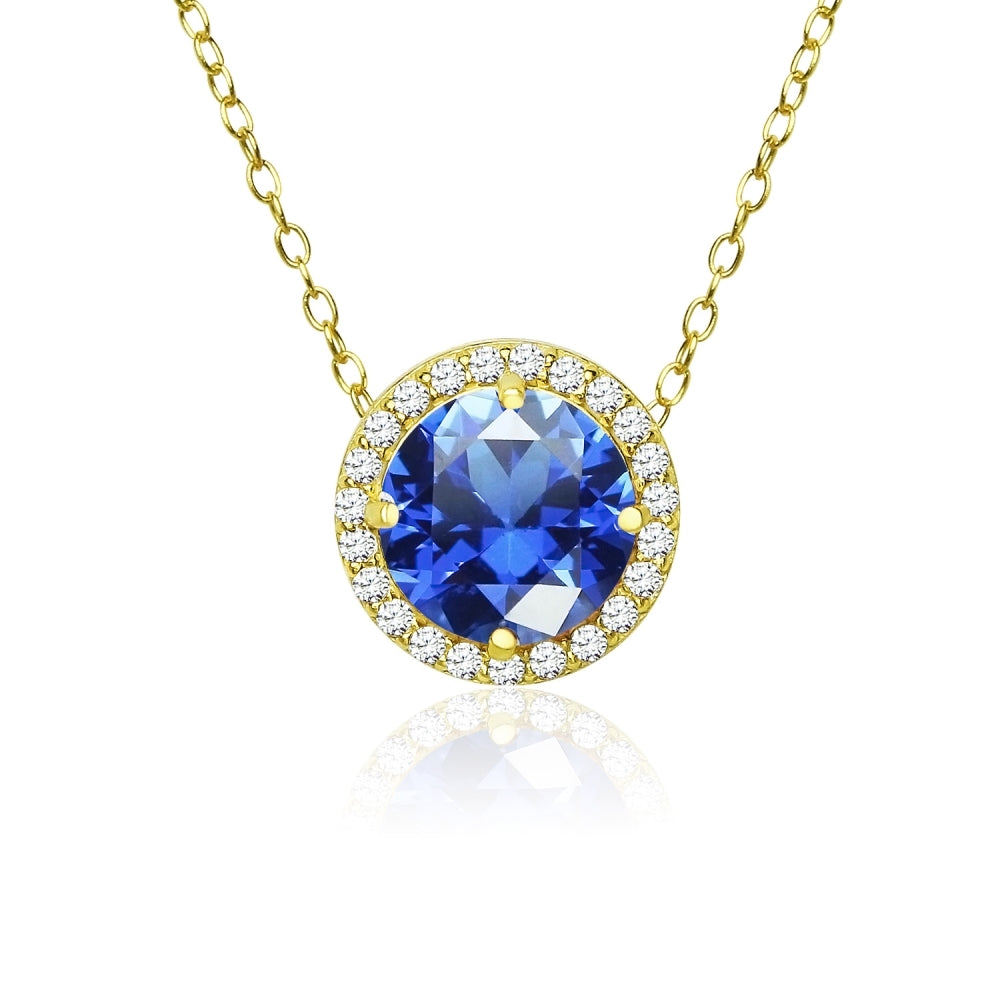 Yellow Gold Flashed Sterling Silver Created Blue Sapphire and Cubic Zirconia Round Halo Necklace