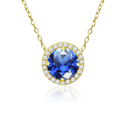Yellow Gold Flashed Sterling Silver Created Blue Sapphire and Cubic Zirconia Round Halo Necklace