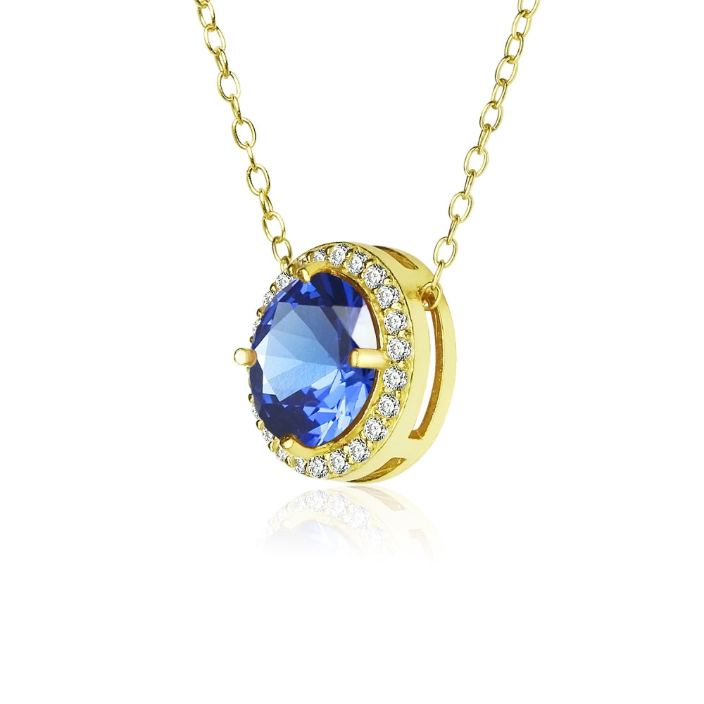 Yellow Gold Flashed Sterling Silver Created Blue Sapphire and Cubic Zirconia Round Halo Necklace-2