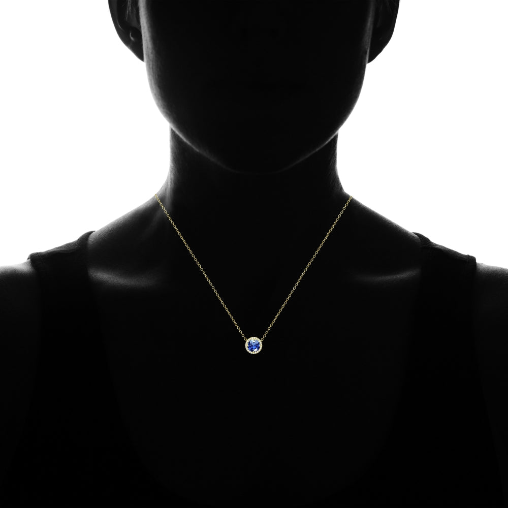 Yellow Gold Flashed Sterling Silver Created Blue Sapphire and Cubic Zirconia Round Halo Necklace-3