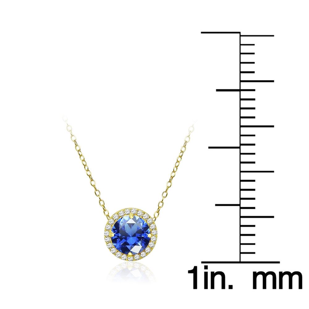 Yellow Gold Flashed Sterling Silver Created Blue Sapphire and Cubic Zirconia Round Halo Necklace-4
