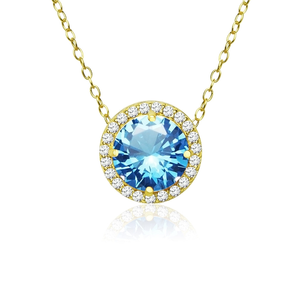 Yellow Gold Flashed Sterling Silver Created Blue Topaz and Cubic Zirconia Round Halo Necklace