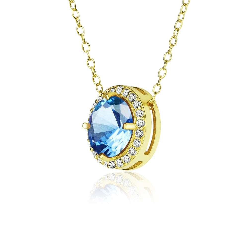 Yellow Gold Flashed Sterling Silver Created Blue Topaz and Cubic Zirconia Round Halo Necklace-2