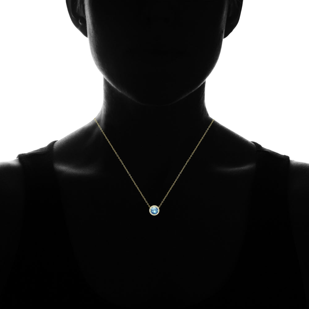 Yellow Gold Flashed Sterling Silver Created Blue Topaz and Cubic Zirconia Round Halo Necklace-3