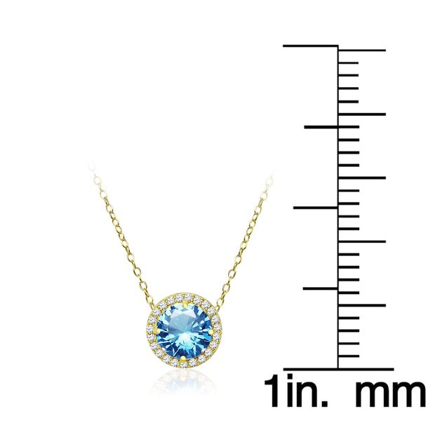 Yellow Gold Flashed Sterling Silver Created Blue Topaz and Cubic Zirconia Round Halo Necklace