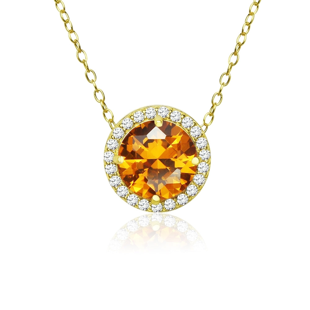 Yellow Gold Flashed Sterling Silver Created Citrine and Cubic Zirconia Round Halo Necklace