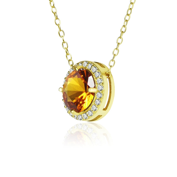 Yellow Gold Flashed Sterling Silver Created Citrine and Cubic Zirconia Round Halo Necklace