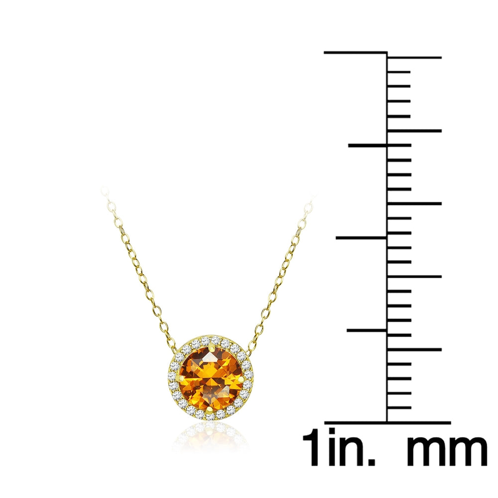Yellow Gold Flashed Sterling Silver Created Citrine and Cubic Zirconia Round Halo Necklace-4