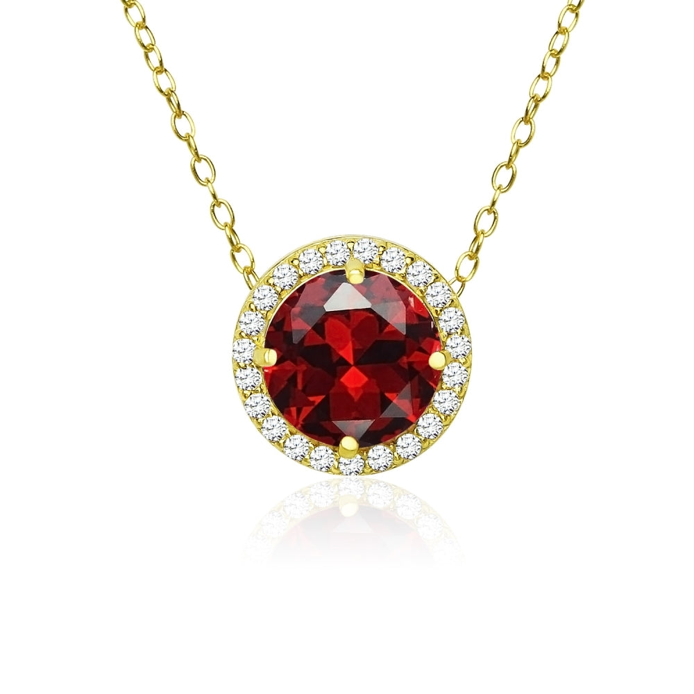 Yellow Gold Flashed Sterling Silver Created Garnet and Cubic Zirconia Round Halo Necklace