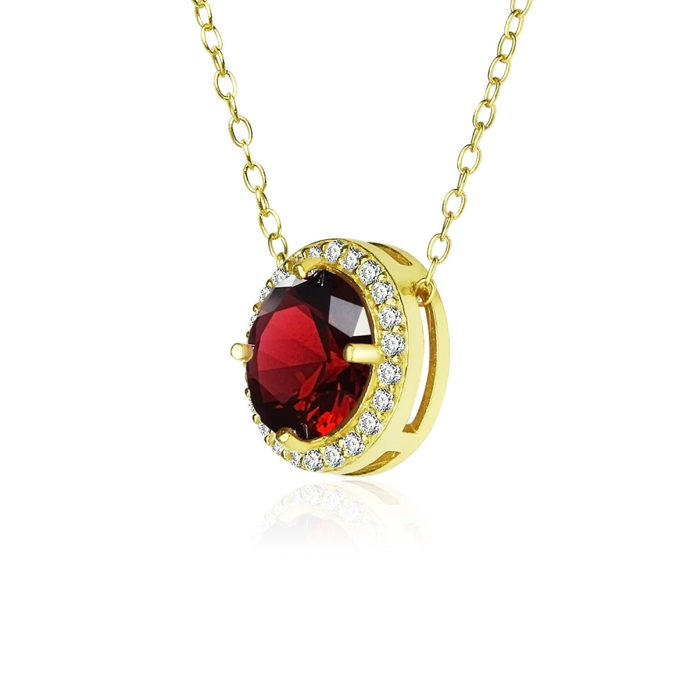 Yellow Gold Flashed Sterling Silver Created Garnet and Cubic Zirconia Round Halo Necklace-2