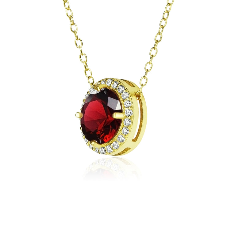 Yellow Gold Flashed Sterling Silver Created Garnet and Cubic Zirconia Round Halo Necklace